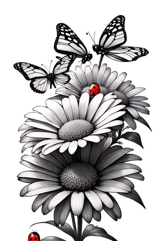 Daisy With Butterflies And Ladybug