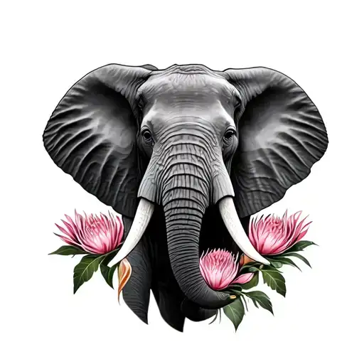 African Elephant Front Profile With King Protea Flowers At Bottom