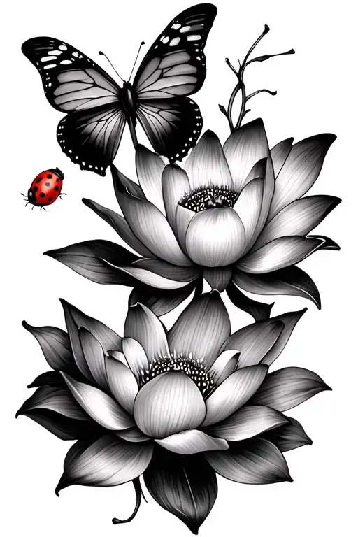 Lotus With Butterflies And Ladybug