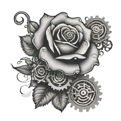 Word Mely Finishing With A Rose With Cogwheels Around With Japanese Style