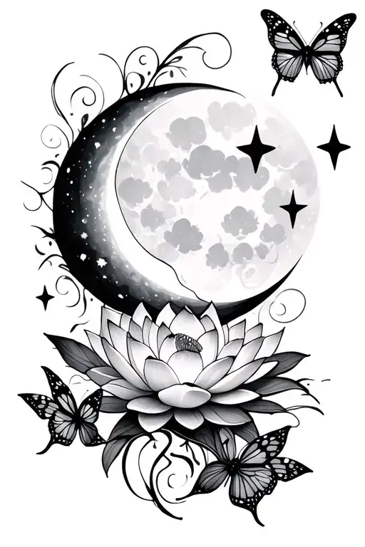 Lotus With Butterflies And Stars Moon