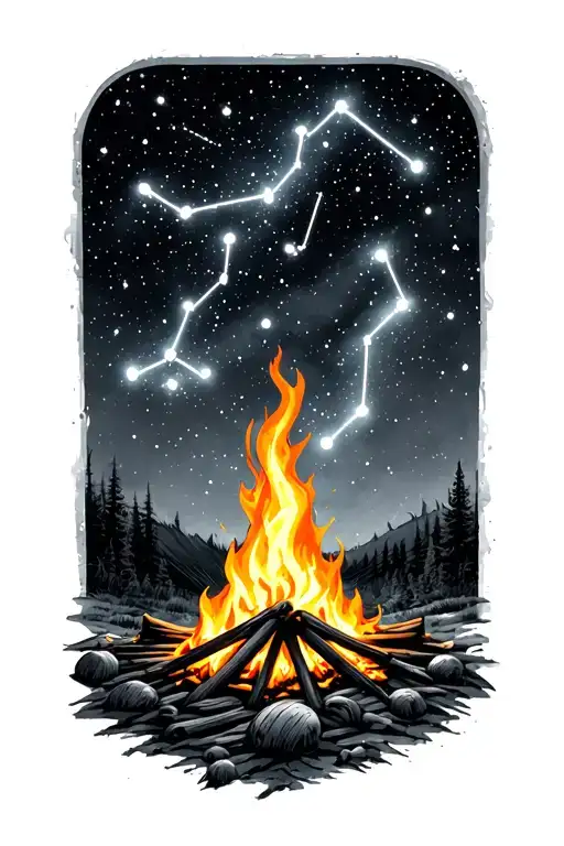Aquarius Constellation In Sky Over Camp Fire In Full Color