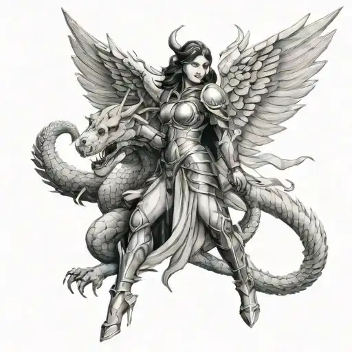 Female Gaurdian Angel In Armour Holding Dragon