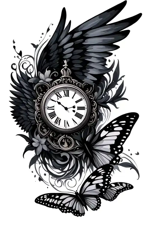 Clock Roman Numerals Wings And Butterfly