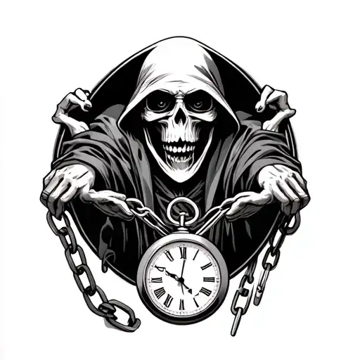 Grim Reaper Holding Chained Clocks