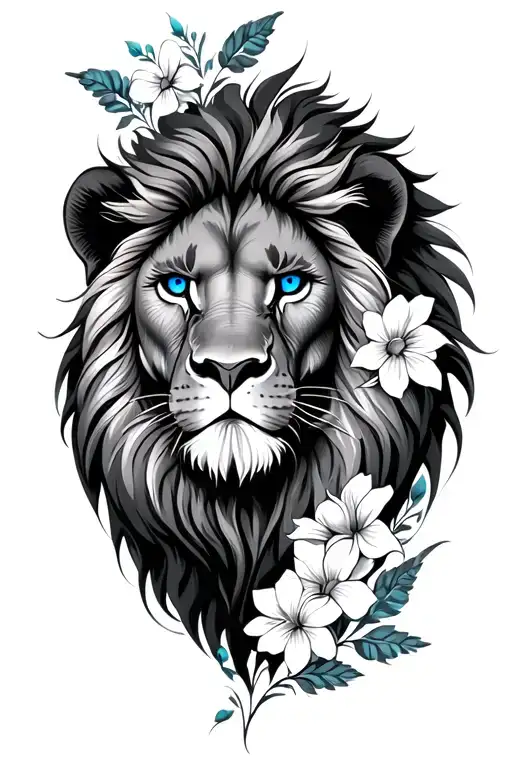 A Lion Head With Blue Eyes And Flowers