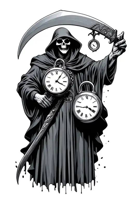 Grim Reaper Holding Locked Up Clocks In One Hand And His Scythe In The Other