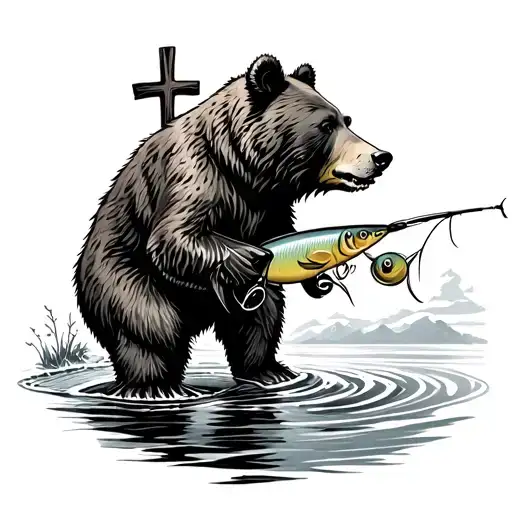 A Cross With A Bear Fishing Tattoo Design