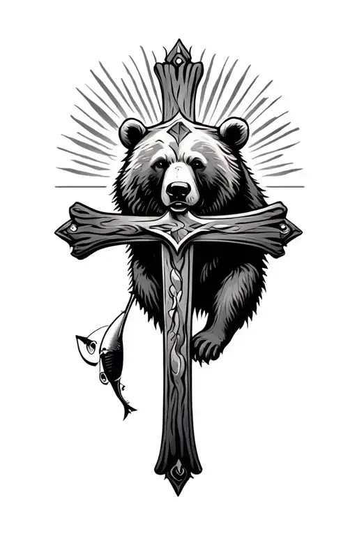 A Cross With A Bear Fishing Tattoo Design