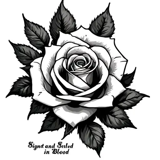 Rose Tattoo With The Words Signed And Sealed In Blood