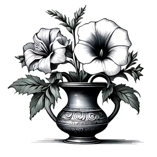 Vase With Design Holding One Larkspur And One Morning Glory