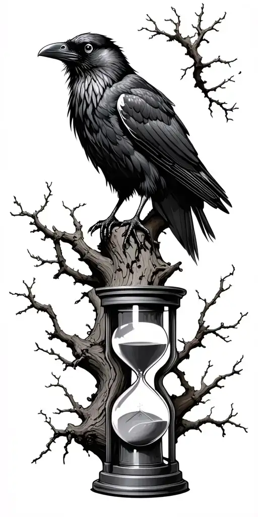 Raven On Tree Branches With Hourglass Trunk Drawn
