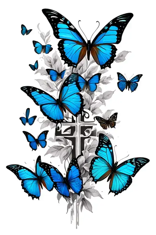 Can You Draw Blue Butterflies Going Down With A Cross And The Angle Number 444