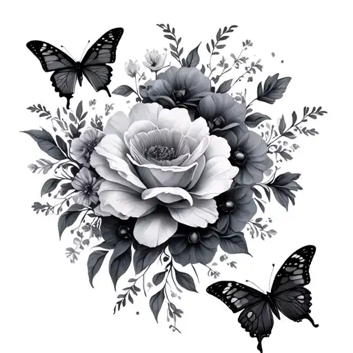 Full Sleve Floral Tattoo With Butterflies Surrounding