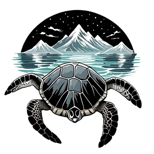 Mountains And Sea Turtle Swimming