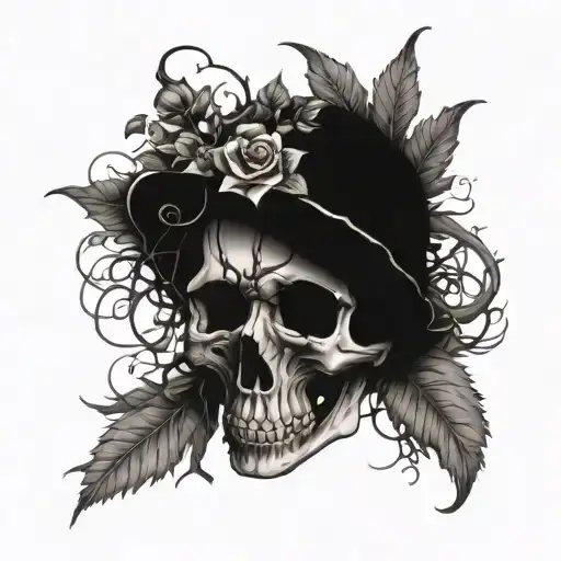 Gothic Damaged Skull Enveloped By Vines And Nature While Decomposing