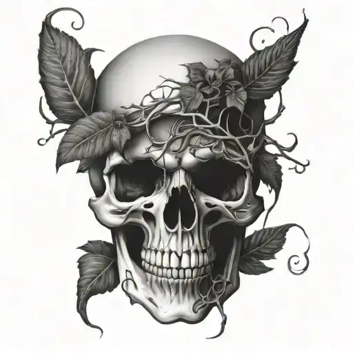 Gothic Damaged Skull Enveloped By Vines And Nature