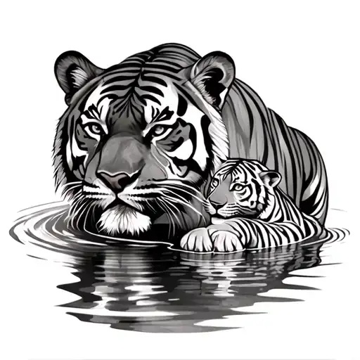 Tiger With Cub And Water