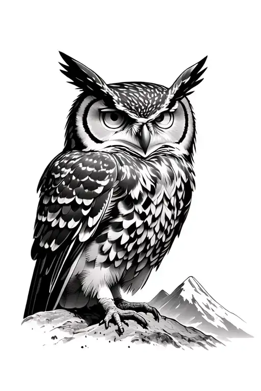 Eagle Owl Background Of Mountains