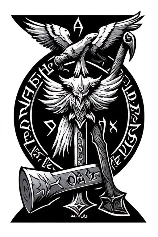 Odin's Name In Runes With Odins Raven And Thors Hammer