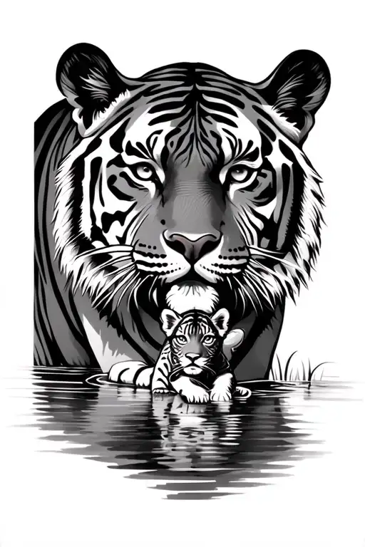 Tiger With Cub And Lake
