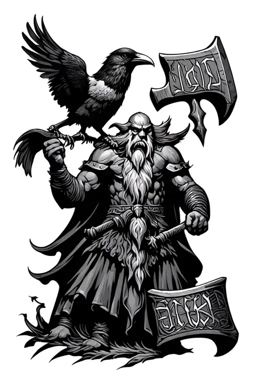 Odin In Runes With A Crow And Thors Hammer