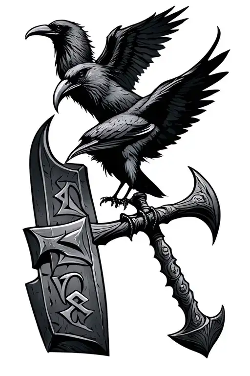 Odin's Name In Runes With A Crow And Thors Hammer