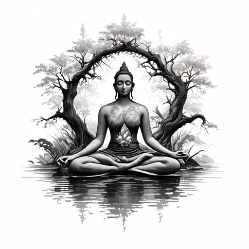 Realism Tattoo Of A Figure In The Lotus Position Made Out Of Trees And Nature