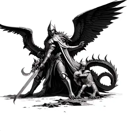 Knight With The Angel Of Death Helping Him Kill A Winged Dragon
