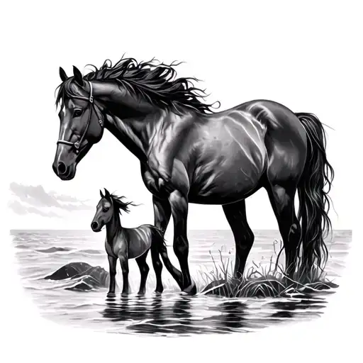 Adult Horse And Child Horse Nestled Against Each Other Next To The Sea
