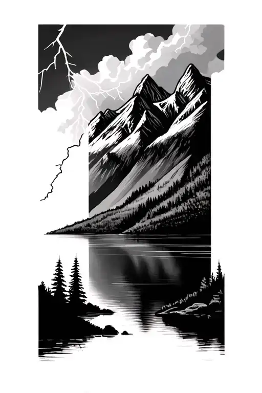 Mountains And A Lake With Lightning Bolt