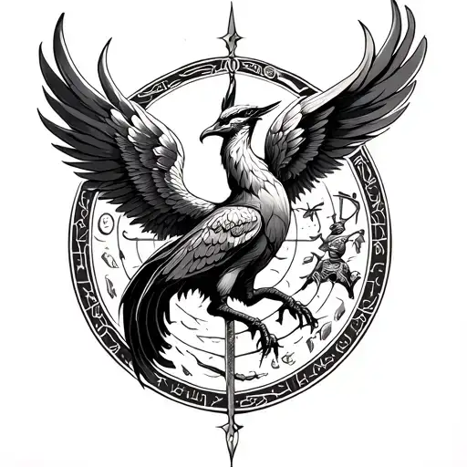 Tattoo Phoenix In A Delicate Style With Straightened Wings And Zodiac Sign Sagittarius