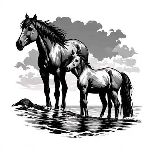 Adult Horse And Child Horse Nestled Against Each Other Next To The Sea