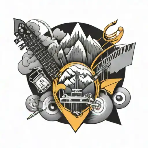 An Abstract Geometric Design Incorporating Mountain Peaks And Musical Instruments