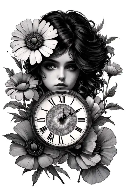 Portrait And 2 Clock Face Surrounded With Daises And Poppy Flowers Leg Sleeve