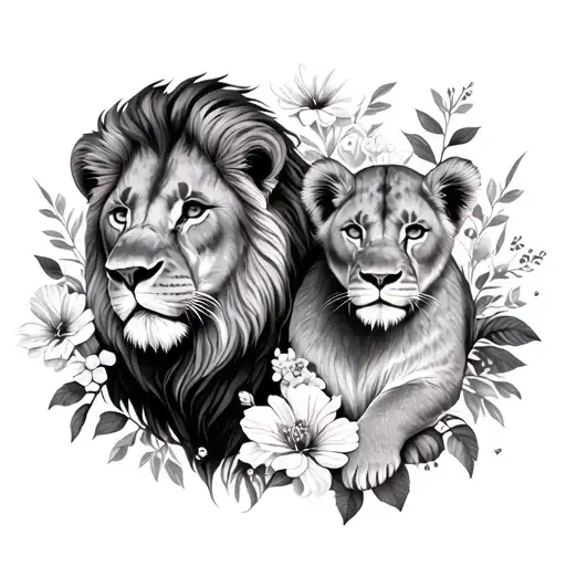 Lionness And Cub Surrounded By Flowers