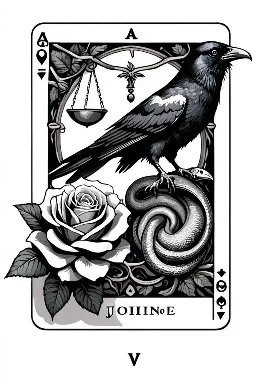 Pioen Roses With Tarot Cards Strength And Justice With A Raven And A Snake