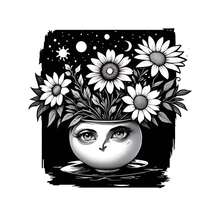Flower Vase Full Of Flowers But Some Flowers Are Suns And Moons And Eyes