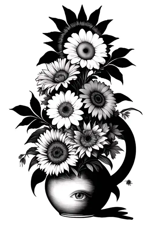 Flower Vase Full Of Flowers But Some Flowers Are Suns And Moons And Eyes