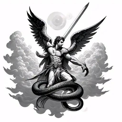 Archangel Michale Killing A Snake With A Sword With Clouds Around Him