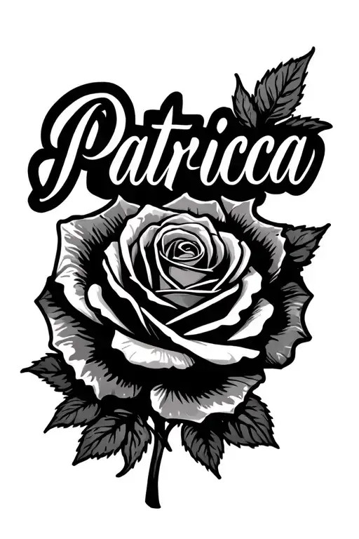 The Name Patricia Going Vertically Down My Arm With Big Letters With A Single Rose Parallel To It