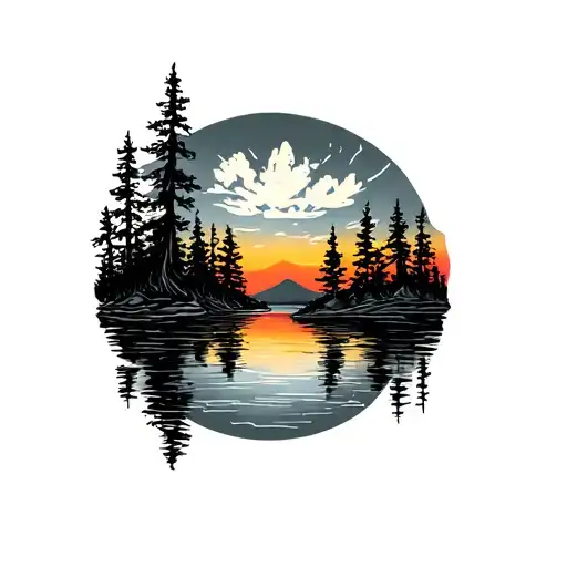 Sleeve Tattoo For Vikings With Trees Colors Sunset Over Lake