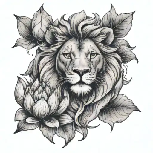 Femal Lion An Lotus Flower Blooming