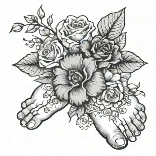 Baby's Foot And Hand With Roses Mayflowers Hibiscus