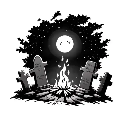 A Rubber Hose Tattoo Of A Grave Yard And Cartoons Dancing By A Fire At Night