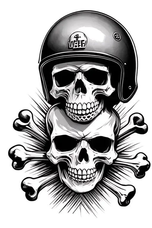 Skull And Crossbones With Golf Tees And German Style Motorcycle Helmut On Skull