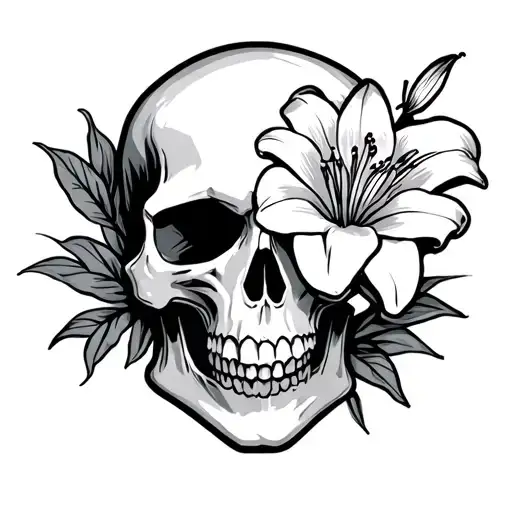 A Skull With A Lily Gowing Out Of It Simple