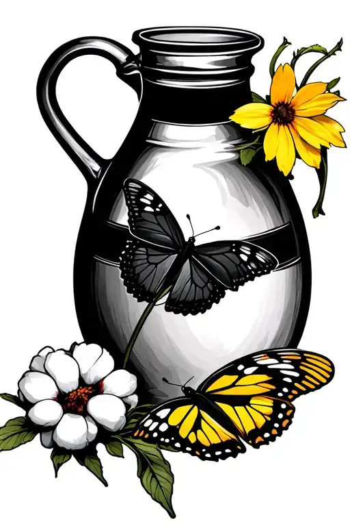 Moonshine Jug With Cotton Plant And Yellow And Black Butterfly