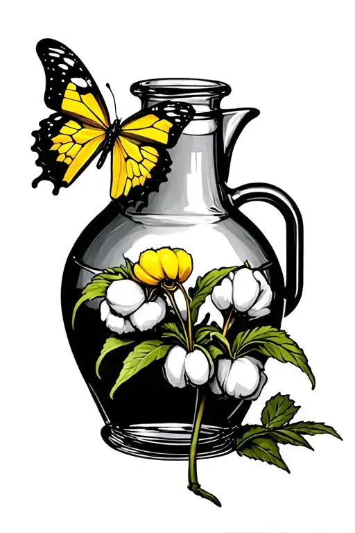 1950'S Moonshine Jug With Cotton Plant And Yellow And Black Butterfly