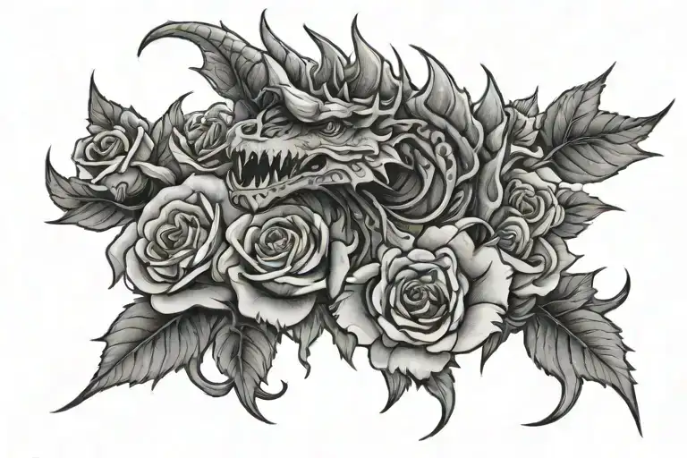 Roses And Nice Dragon Head Centered Neck Tattoo Design